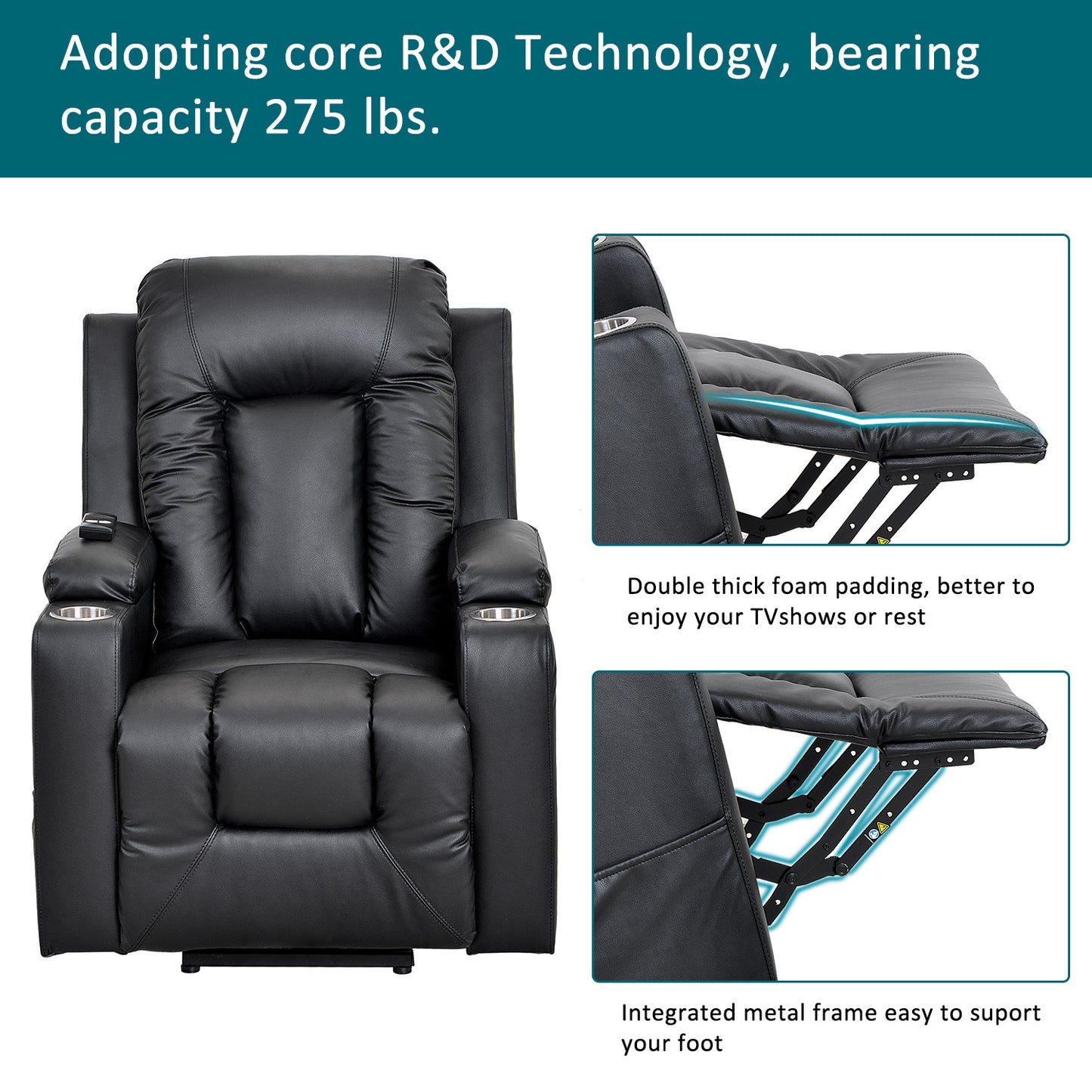 Electric Power Lift Recliner Chair Sofa for Elderly, 3 Positions, Side Pockets and 2 Cup Holders, Remote control, Faux Leather