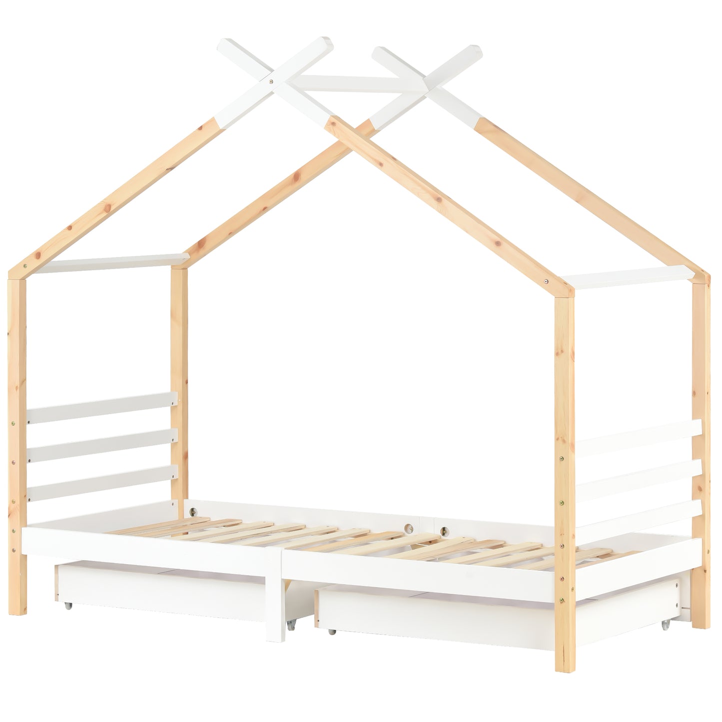 Wooden Single Cabin Bed, House Bed with Two Storage Drawers, Playhouse Bed with Roof for Children Girls and Boys, 190*90 in Natural and White, Easy Assembly