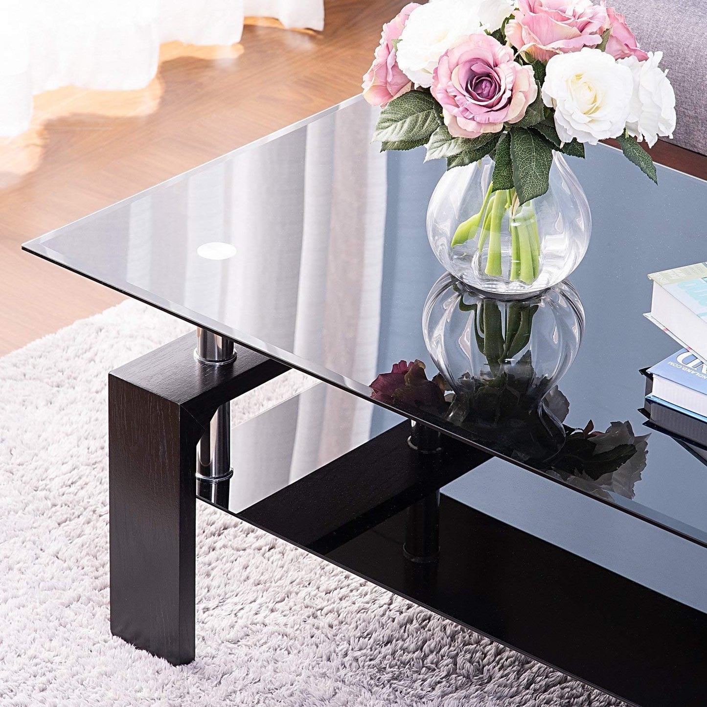 Leisure Zone ® Glass living Room Coffee Table Black Modern Rectangle With Lower Shelf (Black-100CM)