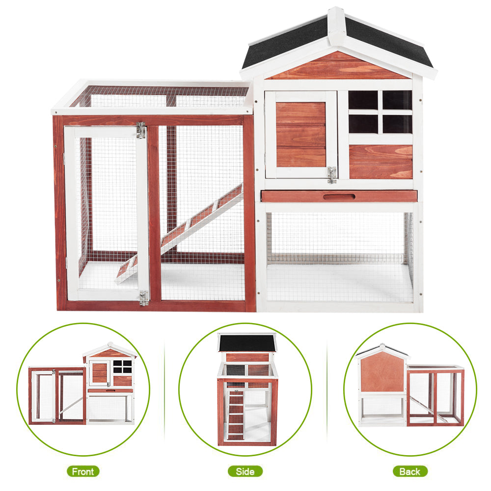 PURLOVE Rabbit Bunny Hutch Cage House Guinea Pig Hutch Hide/Run with Linoleum Roof 2-Tier