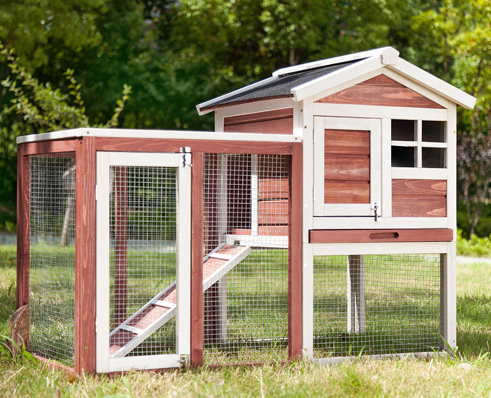 PURLOVE Rabbit Bunny Hutch Cage House Guinea Pig Hutch Hide/Run with Linoleum Roof 2-Tier