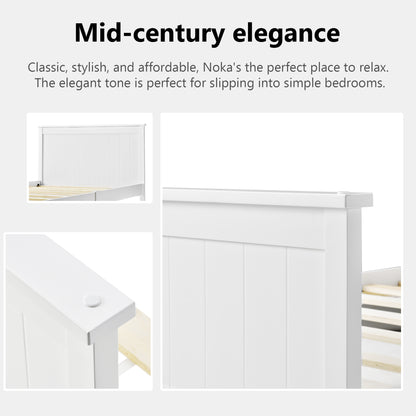 Wooden Bed Frame with Headboard and Footboard, Pine Wood Bed for Kids Bedroom, Ivory