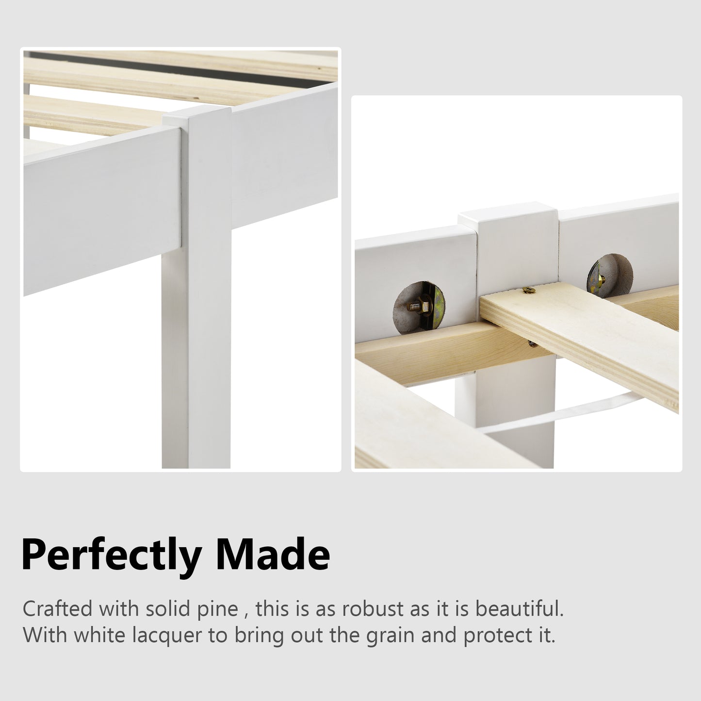 Wooden Bed Frame with Headboard and Footboard, Pine Wood Bed for Kids Bedroom, Ivory