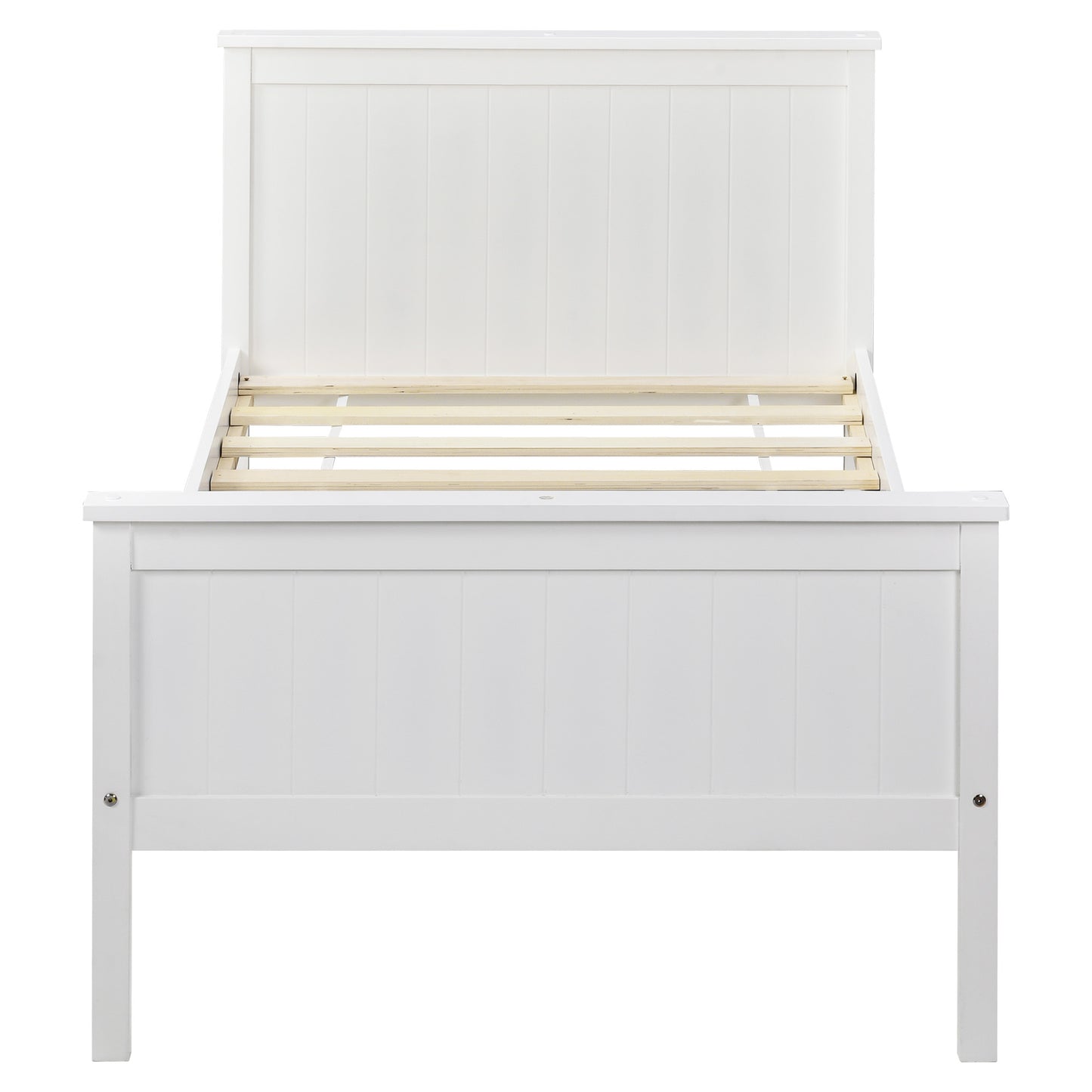 Wooden Bed Frame with Headboard and Footboard, Pine Wood Bed for Kids Bedroom, Ivory