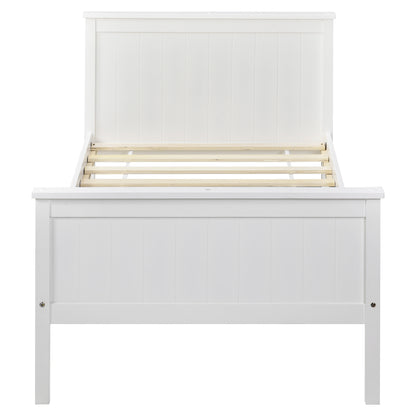 Wooden Bed Frame with Headboard and Footboard, Pine Wood Bed for Kids Bedroom, Ivory