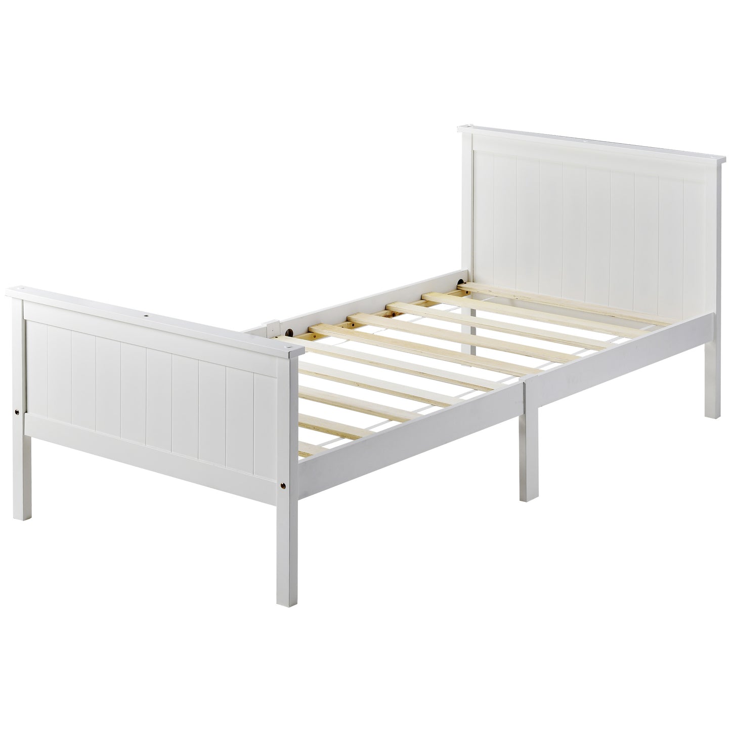 Wooden Bed Frame with Headboard and Footboard, Pine Wood Bed for Kids Bedroom, Ivory