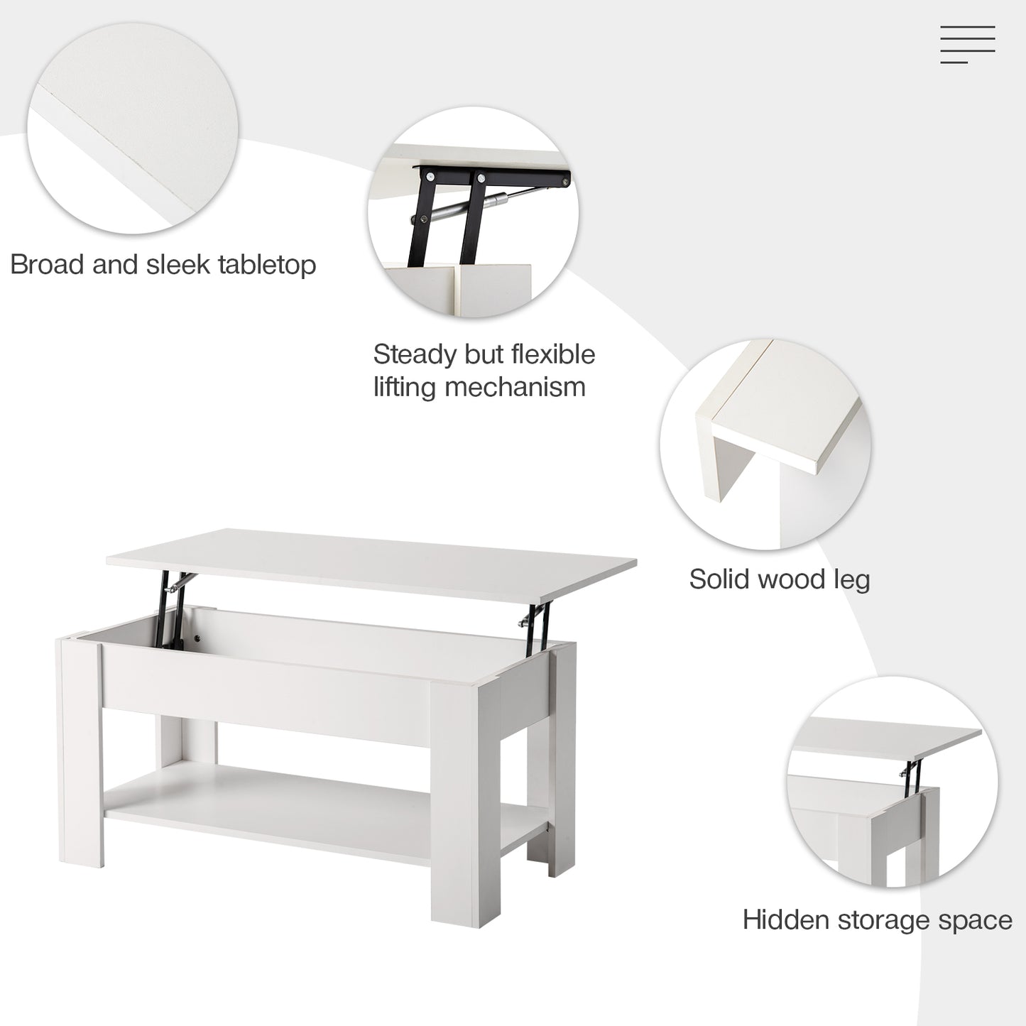 Lift up Top Coffee Table with storage and shelf living room(White)