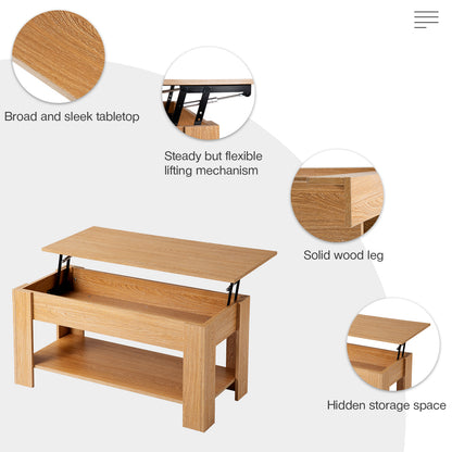 Lift up Top Coffee Table with storage and shelf living room(Oak)