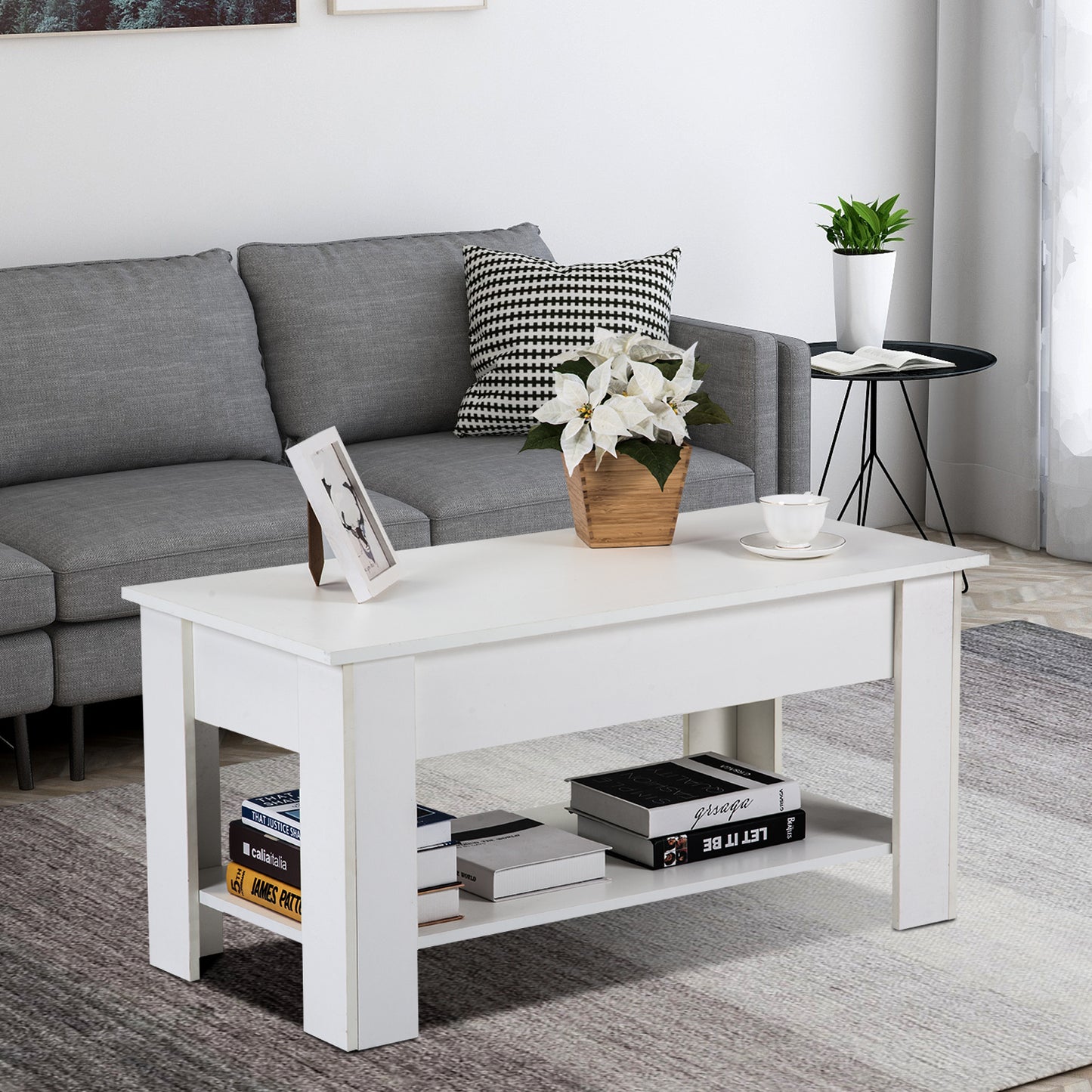 Lift up Top Coffee Table with storage and shelf living room(White)