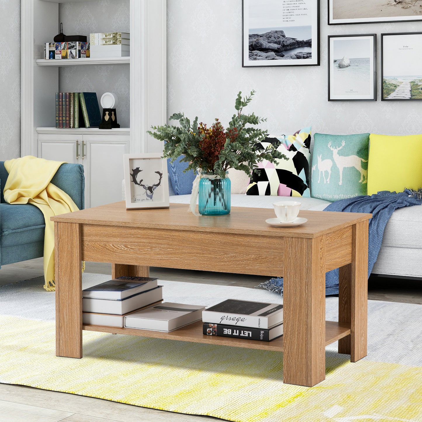 Lift up Top Coffee Table with storage and shelf living room(Oak)