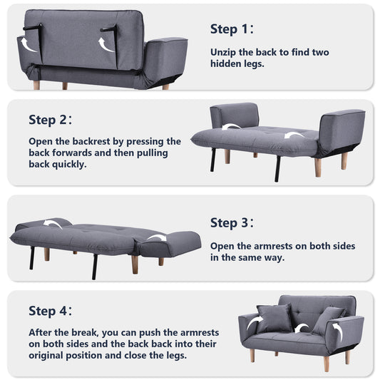 Sofa Bed Modern and Simple Gray Sofa Linen Fabric with Grab Living Room 2 Seater Sofa Couch Settee Recliner Sleeper Light Gray