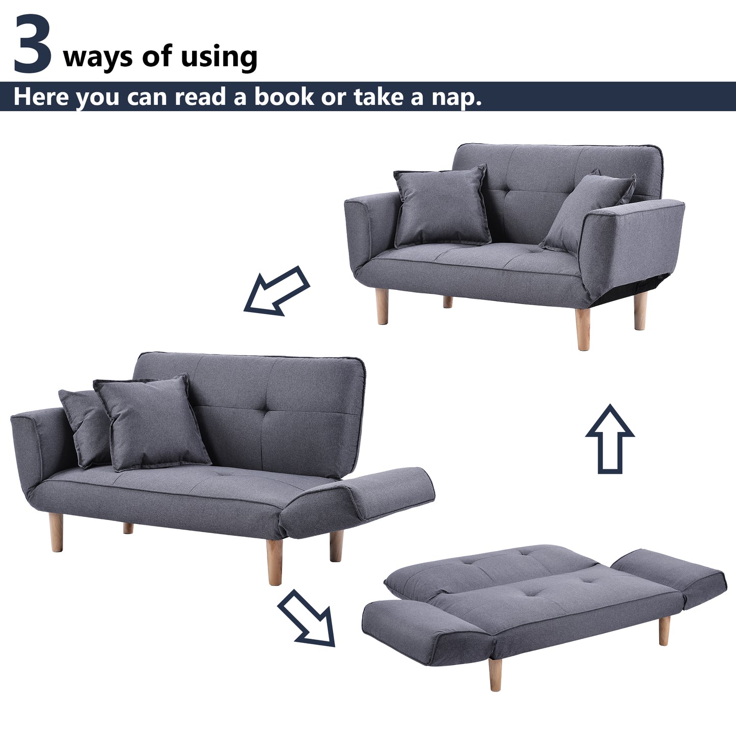 Sofa Bed Modern and Simple Gray Sofa Linen Fabric with Grab Living Room 2 Seater Sofa Couch Settee Recliner Sleeper Light Gray