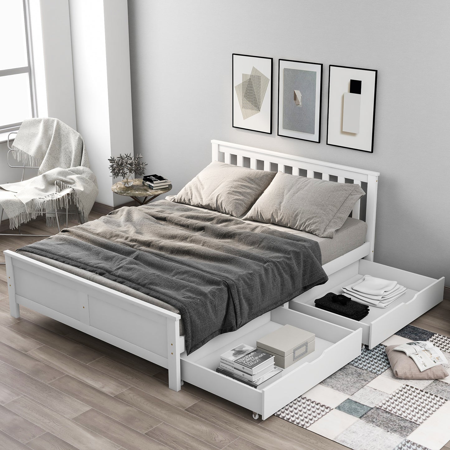 Wooden Solid White Pine Storage Bed With Drawers Bed Furniture Frame For Adults, Kids, Teenagers 4ft6 Double (White 190x135cm)