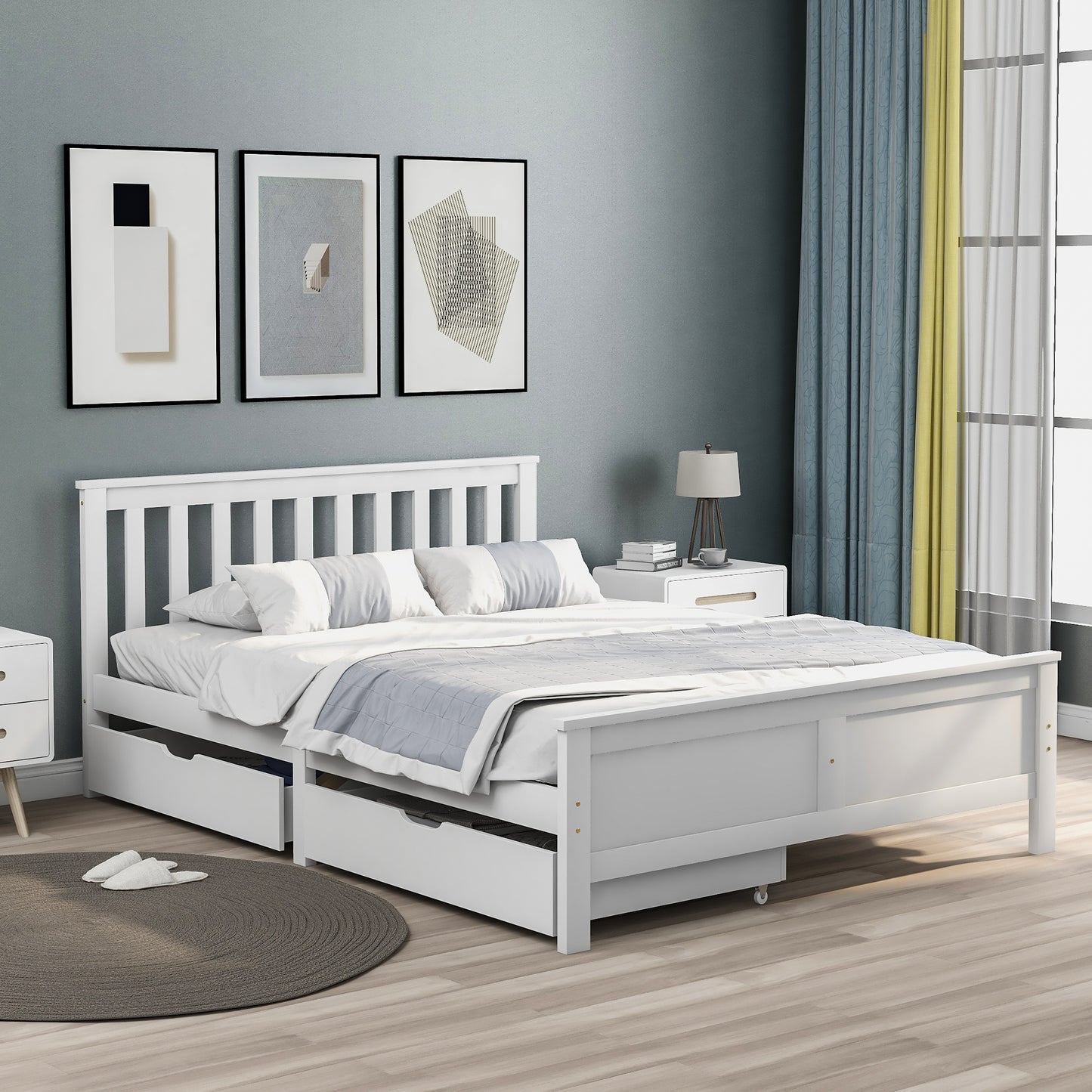 Wooden Solid White Pine Storage Bed With Drawers Bed Furniture Frame For Adults, Kids, Teenagers 4ft6 Double (White 190x135cm)