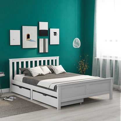 Wooden Solid White Pine Storage Bed With Drawers Bed Furniture Frame For Adults, Kids, Teenagers 4ft6 Double (White 190x135cm)
