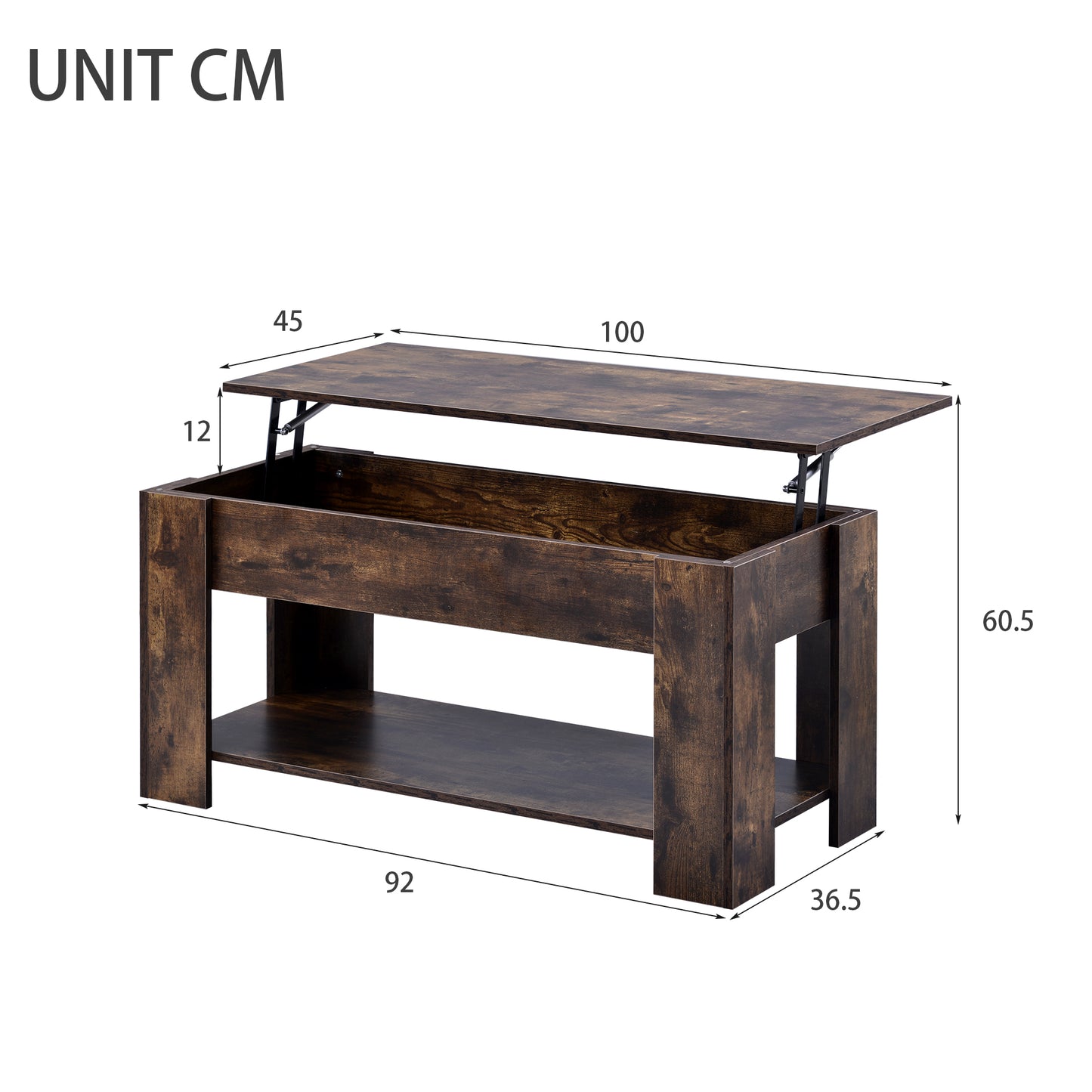 Lift up Top Coffee Table with storage and shelf living room(Rustic Brown)