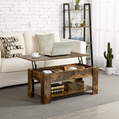 Lift up Top Coffee Table with storage and shelf living room(Rustic Brown)