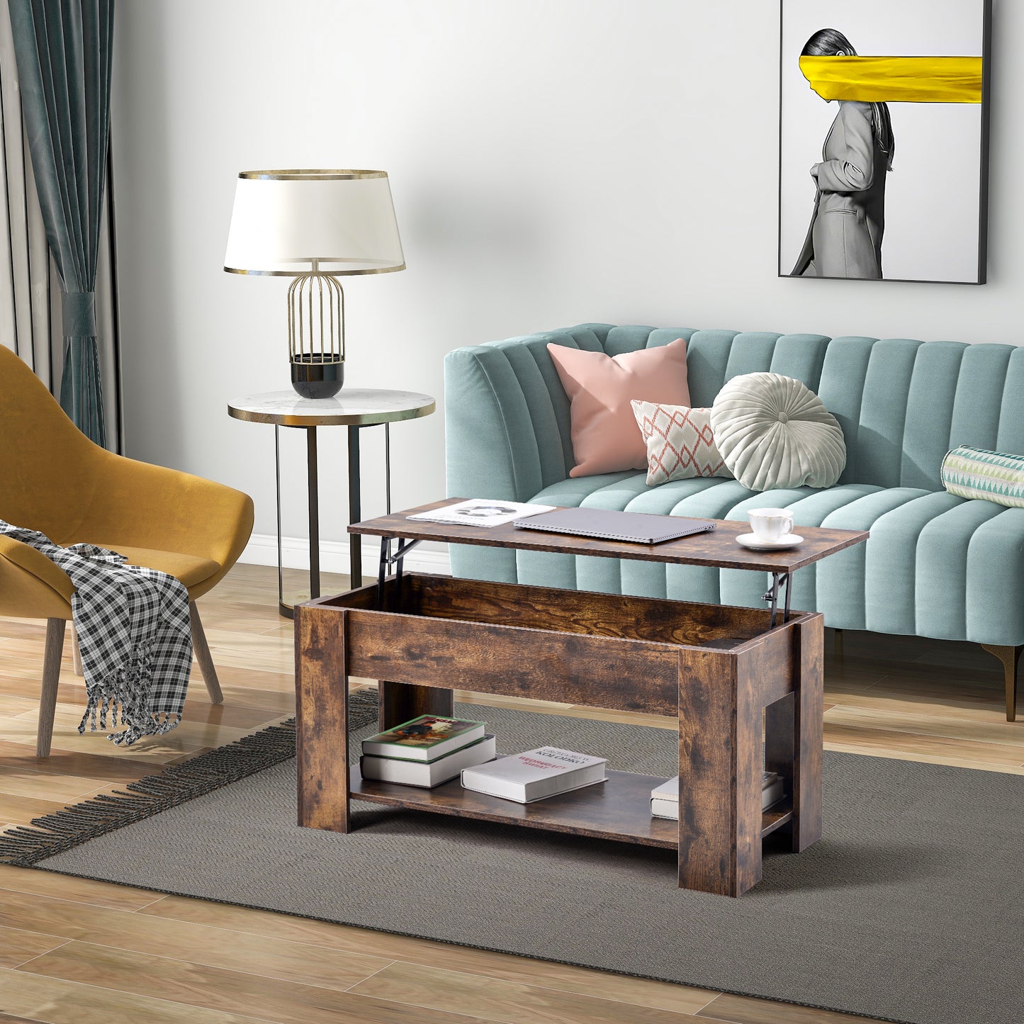 Lift up Top Coffee Table with storage and shelf living room(Rustic Brown)