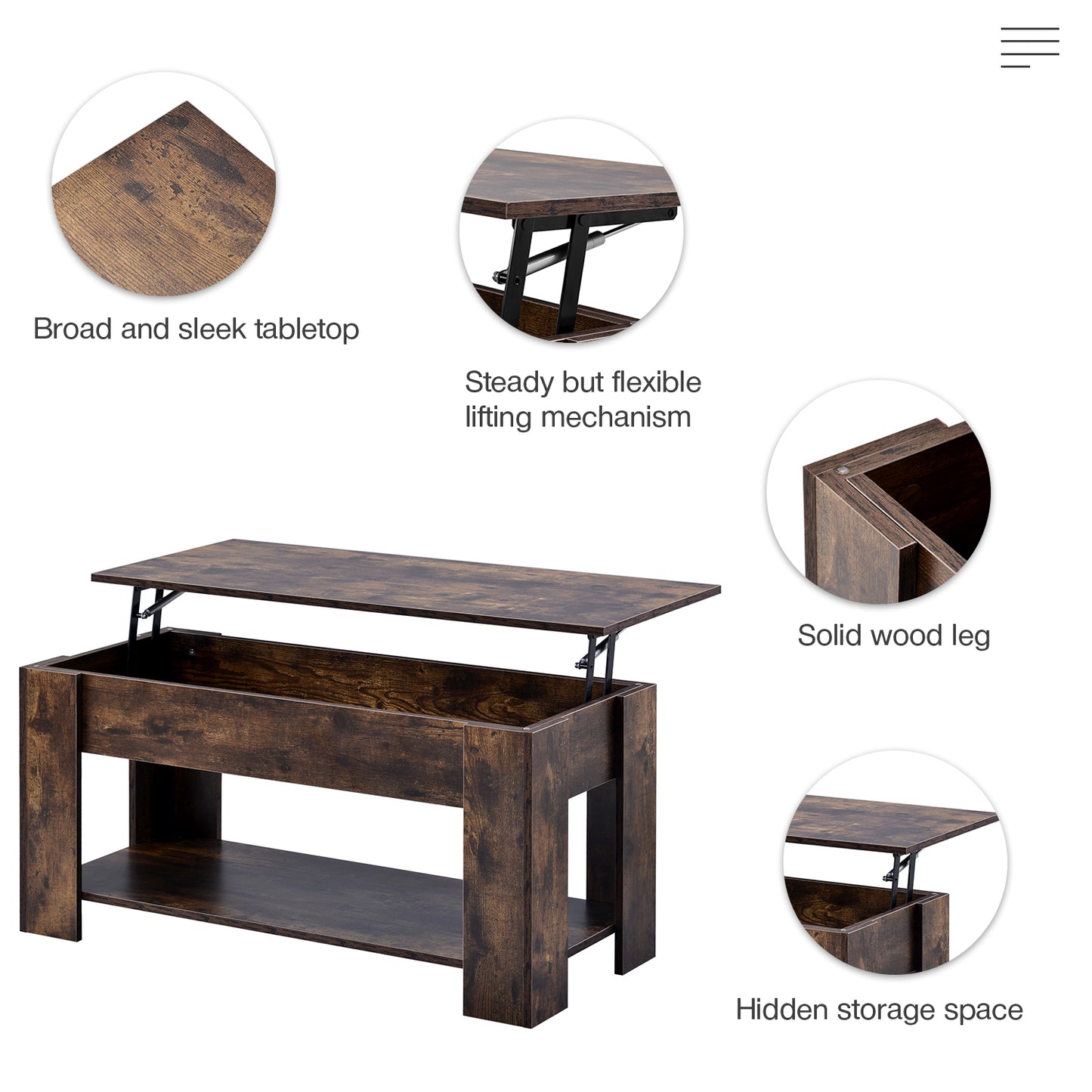 Lift up Top Coffee Table with storage and shelf living room(Rustic Brown)