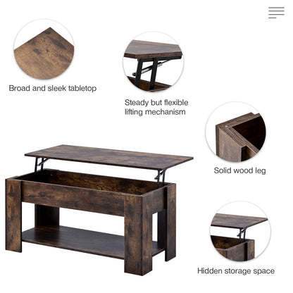 Lift up Top Coffee Table with storage and shelf living room(Rustic Brown)
