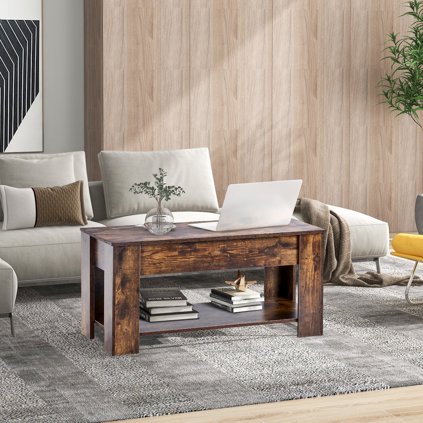 Lift up Top Coffee Table with storage and shelf living room(Rustic Brown)