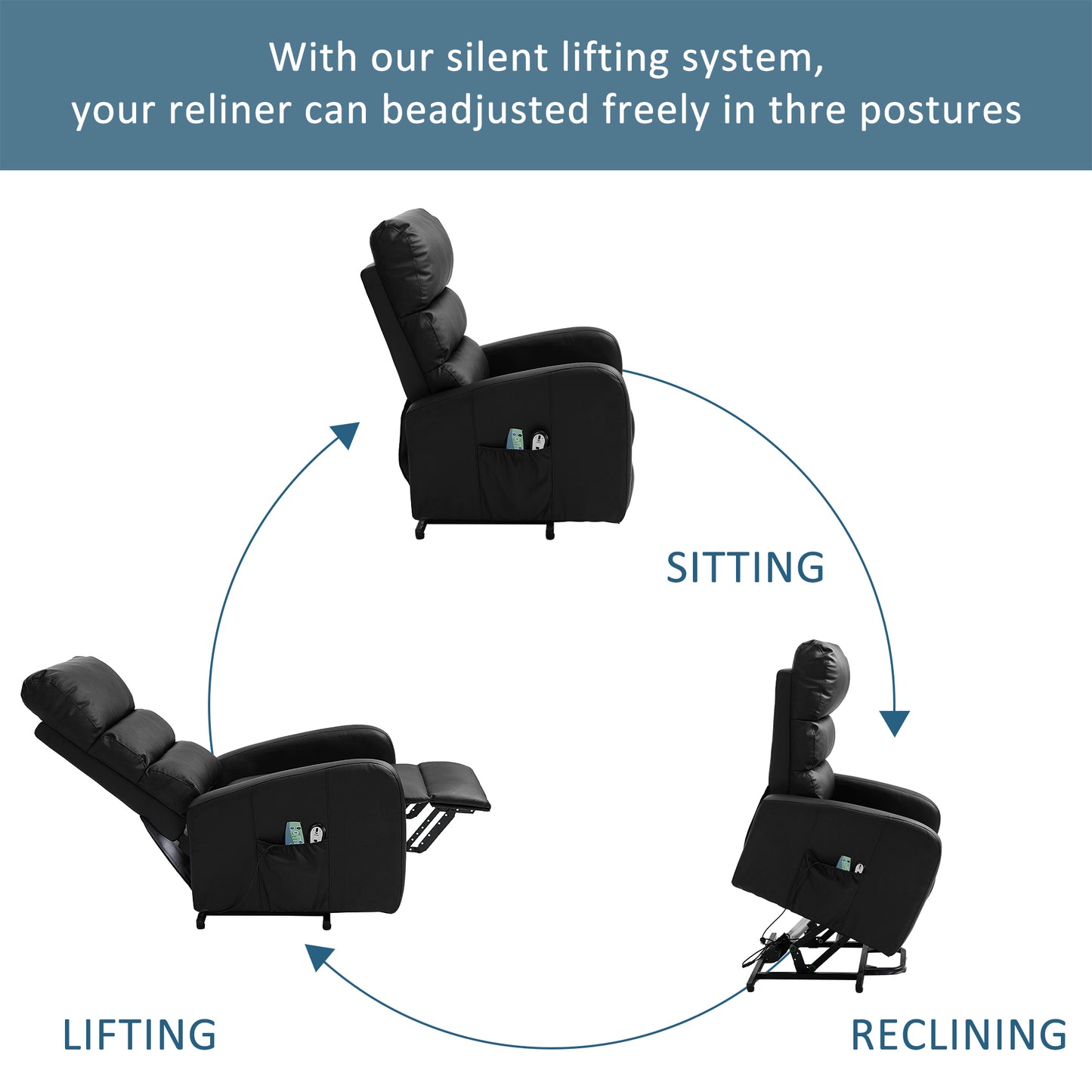 Power Massage Lift Recliner Chair with Heat & Vibration for Elderly, Heavy Duty and Safety Motion Reclining Mechanism, 2 Side Pockets , Remote control, Faux Leather