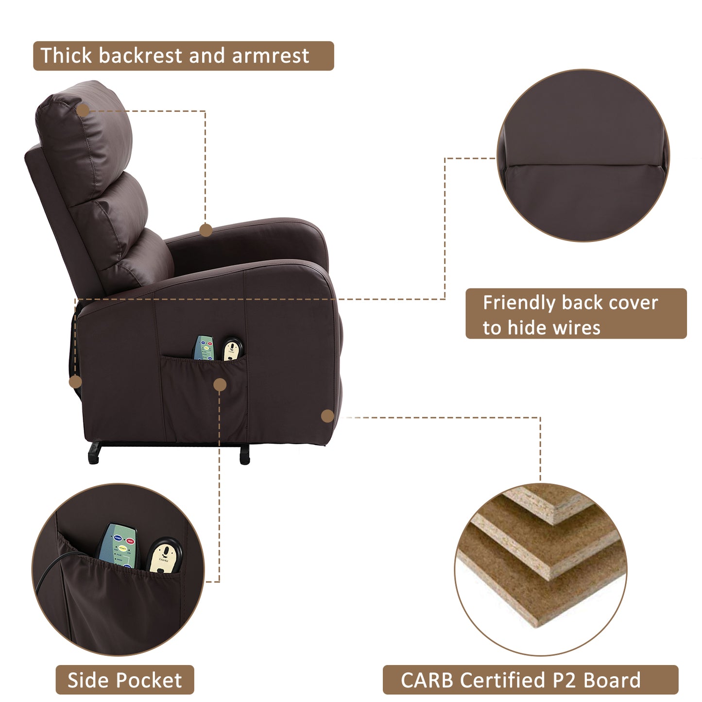 Power Massage Lift Recliner Chair with Heat & Vibration for Elderly, Heavy Duty and Safety Motion Reclining Mechanism, 2 Side Pockets , Remote control, Faux