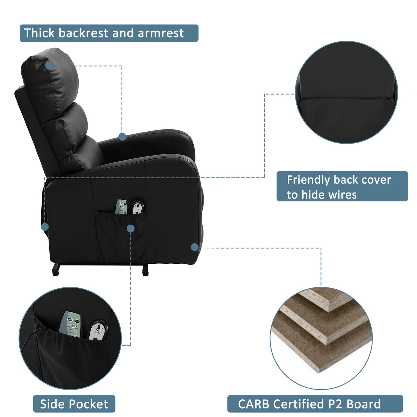 Power Massage Lift Recliner Chair with Heat & Vibration for Elderly, Heavy Duty and Safety Motion Reclining Mechanism, 2 Side Pockets , Remote control, Faux Leather