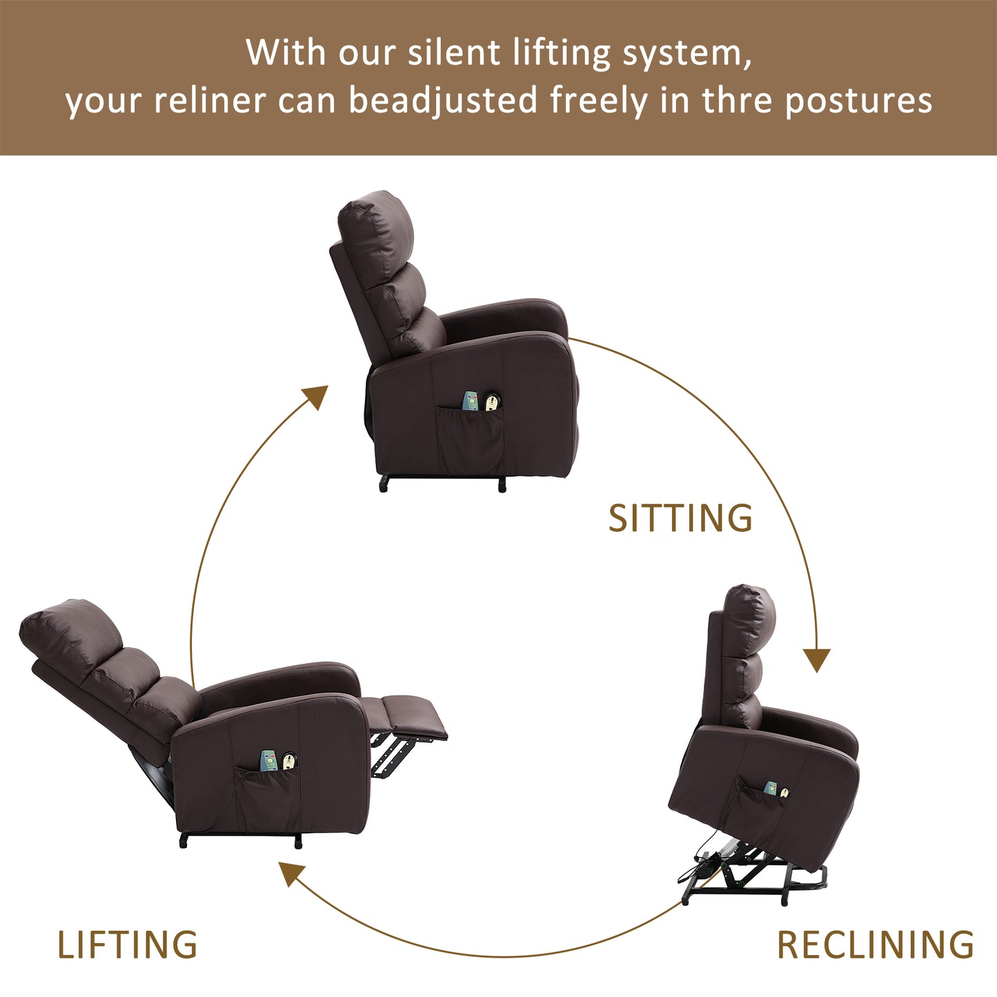 Power Massage Lift Recliner Chair with Heat & Vibration for Elderly, Heavy Duty and Safety Motion Reclining Mechanism, 2 Side Pockets , Remote control, Faux