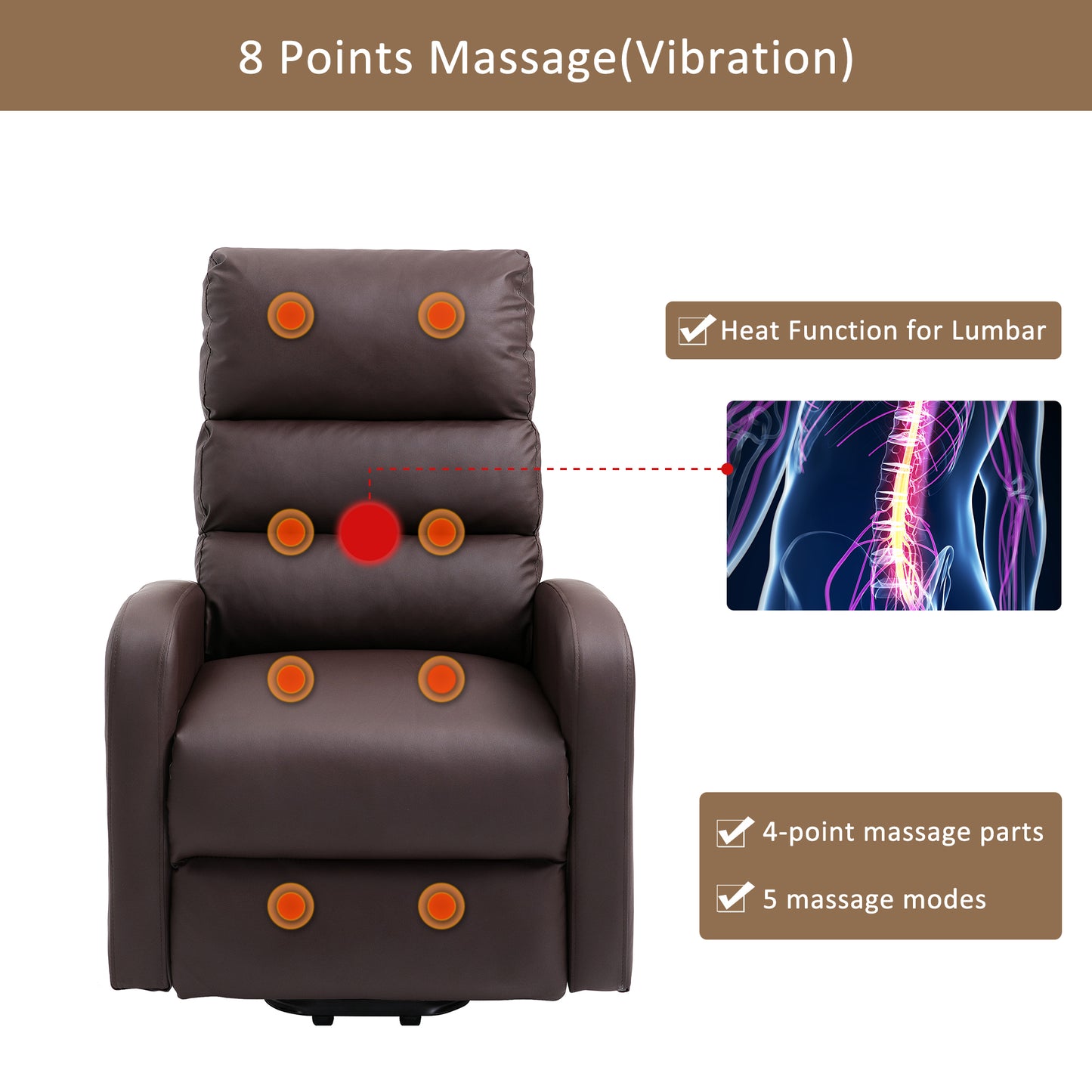 Power Massage Lift Recliner Chair with Heat & Vibration for Elderly, Heavy Duty and Safety Motion Reclining Mechanism, 2 Side Pockets , Remote control, Faux