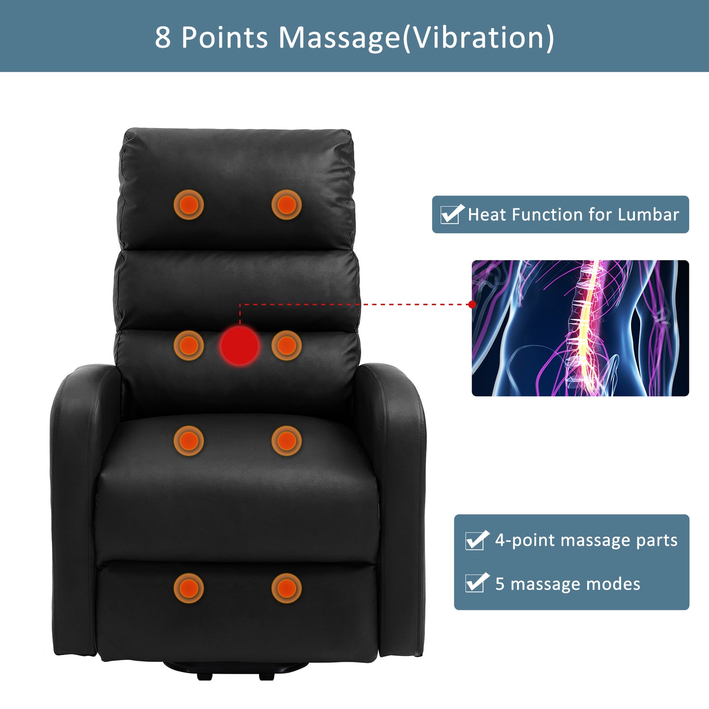 Power Massage Lift Recliner Chair with Heat & Vibration for Elderly, Heavy Duty and Safety Motion Reclining Mechanism, 2 Side Pockets , Remote control, Faux Leather