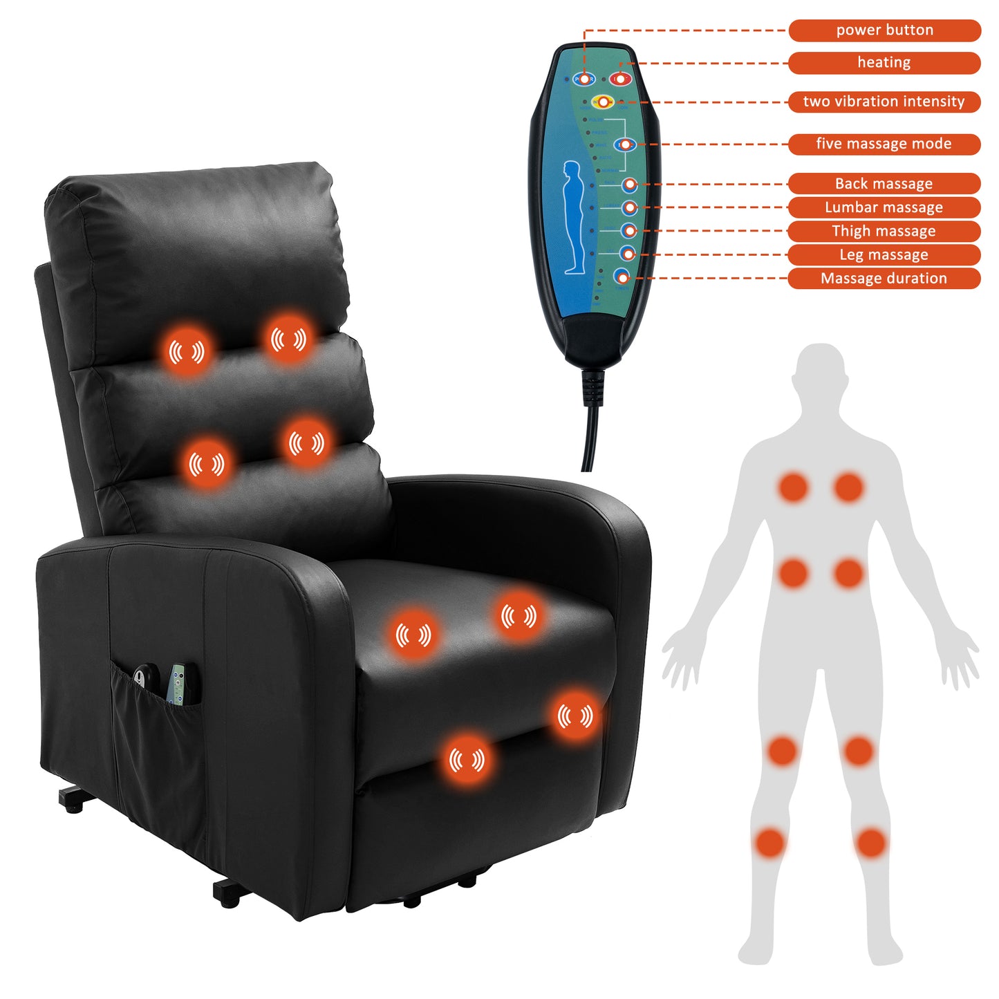 Power Massage Lift Recliner Chair with Heat & Vibration for Elderly, Heavy Duty and Safety Motion Reclining Mechanism, 2 Side Pockets , Remote control, Faux Leather