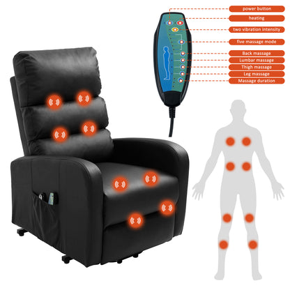 Power Massage Lift Recliner Chair with Heat & Vibration for Elderly, Heavy Duty and Safety Motion Reclining Mechanism, 2 Side Pockets , Remote control, Faux Leather