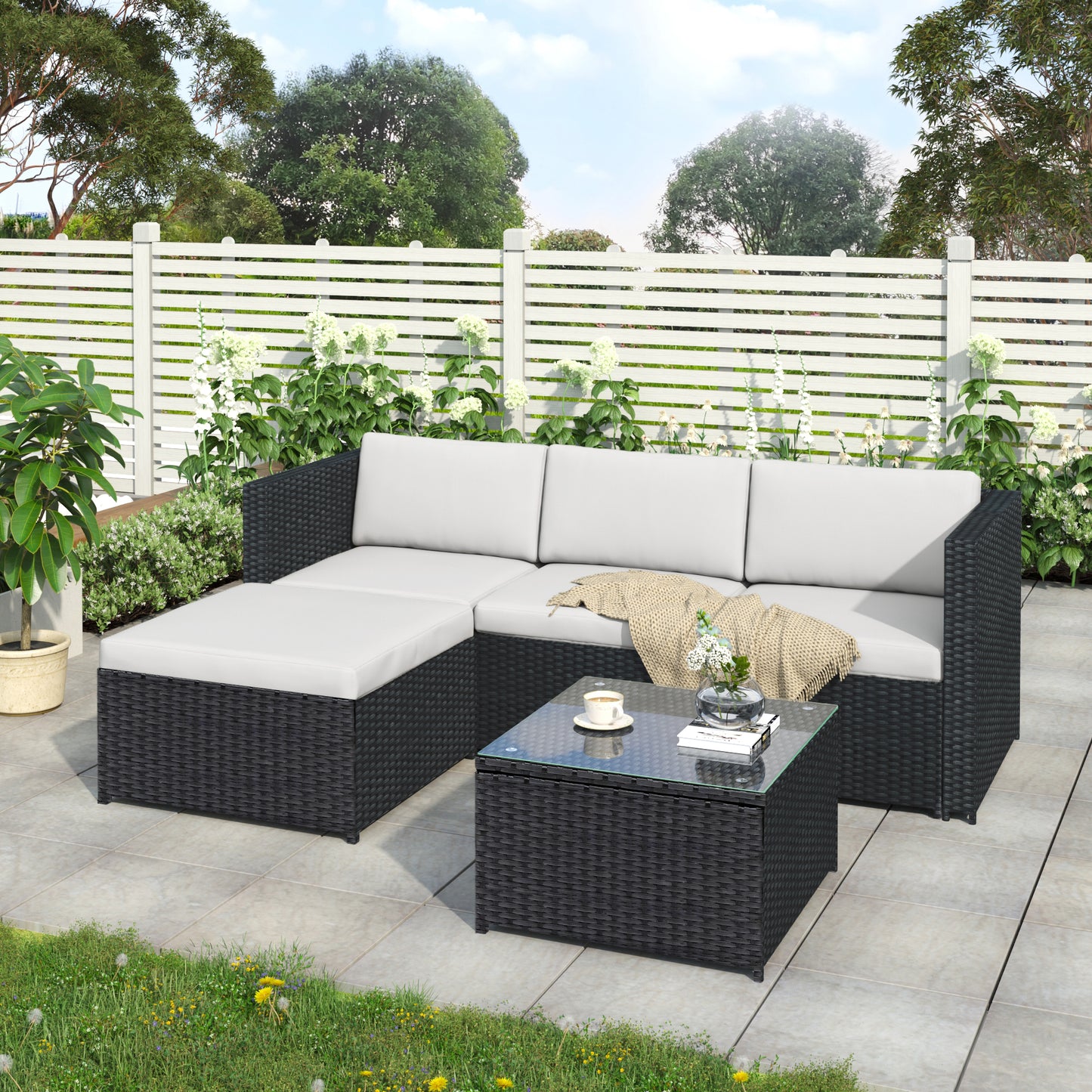 Garden Corner Sofa Rattan Corner Sofa Garden Furniture Patio Set Garden Entertaining Set Garden Rattan Furniture Lounge Set (Brown)