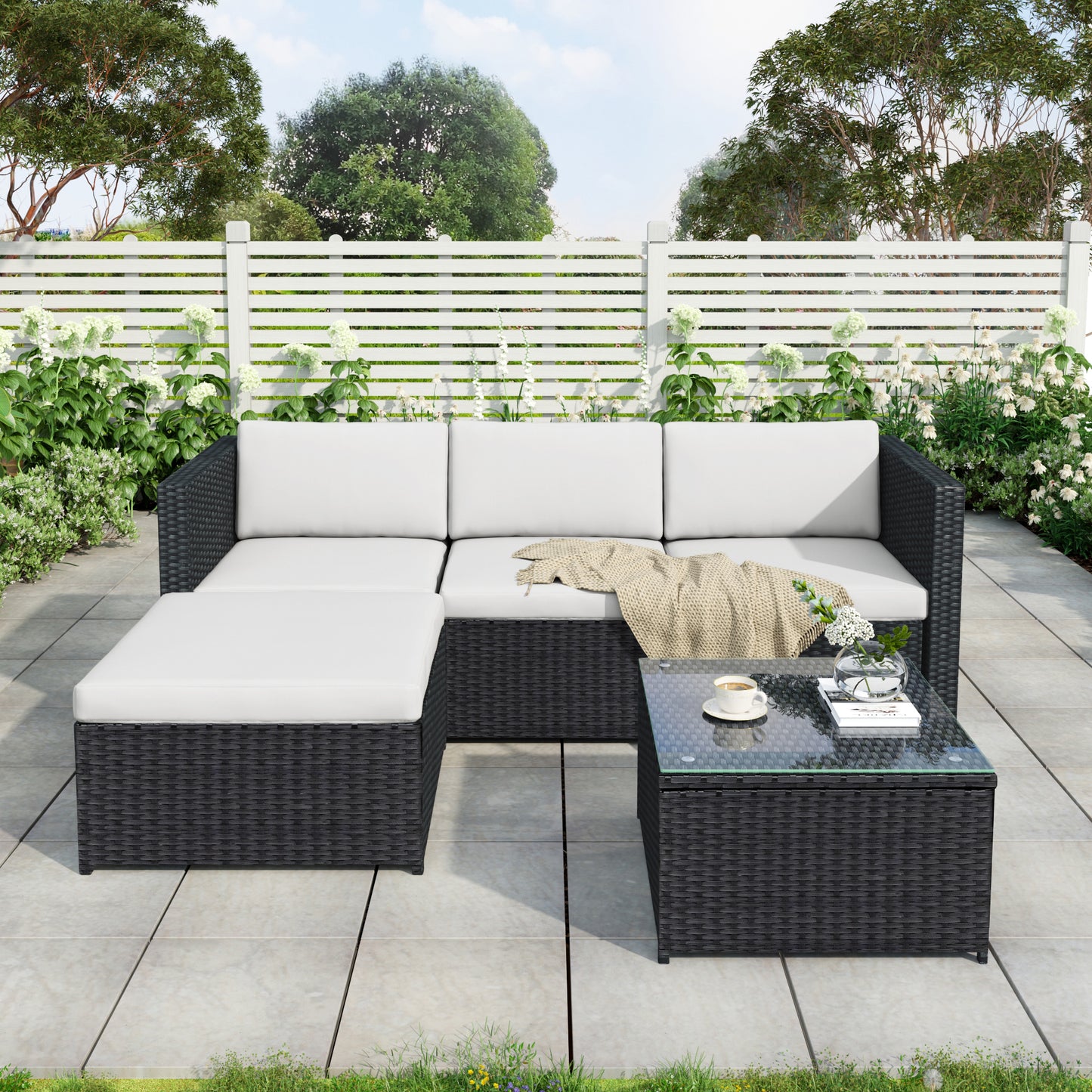 Garden Corner Sofa Rattan Corner Sofa Garden Furniture Patio Set Garden Entertaining Set Garden Rattan Furniture Lounge Set (Brown)