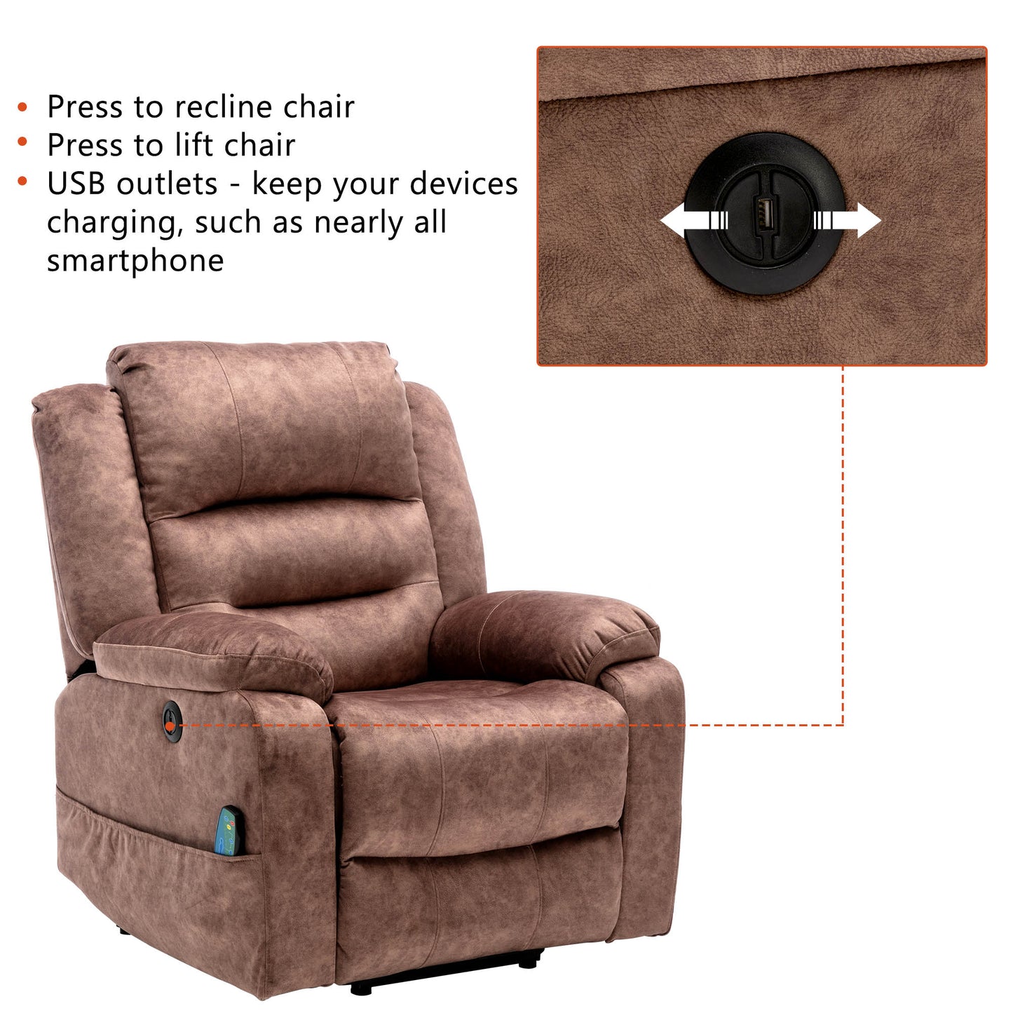 Electric Power Lift Recliner Chair Sofa with Massage and Heat for Elderly 2 Side Pockets USB Ports Single Recliner Chairs for Living Room Overstuffed Breathable Fabric Reclining