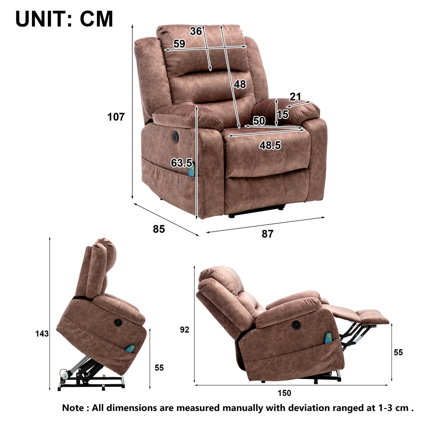 Electric Power Lift Recliner Chair Sofa with Massage and Heat for Elderly 2 Side Pockets USB Ports Single Recliner Chairs for Living Room Overstuffed Breathable Fabric Reclining