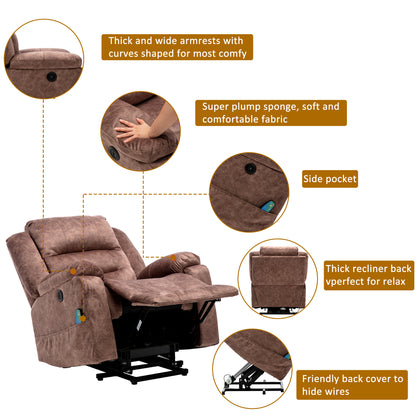 Electric Power Lift Recliner Chair Sofa with Massage and Heat for Elderly 2 Side Pockets USB Ports Single Recliner Chairs for Living Room Overstuffed Breathable Fabric Reclining