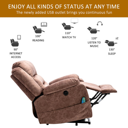 Electric Power Lift Recliner Chair Sofa with Massage and Heat for Elderly 2 Side Pockets USB Ports Single Recliner Chairs for Living Room Overstuffed Breathable Fabric Reclining
