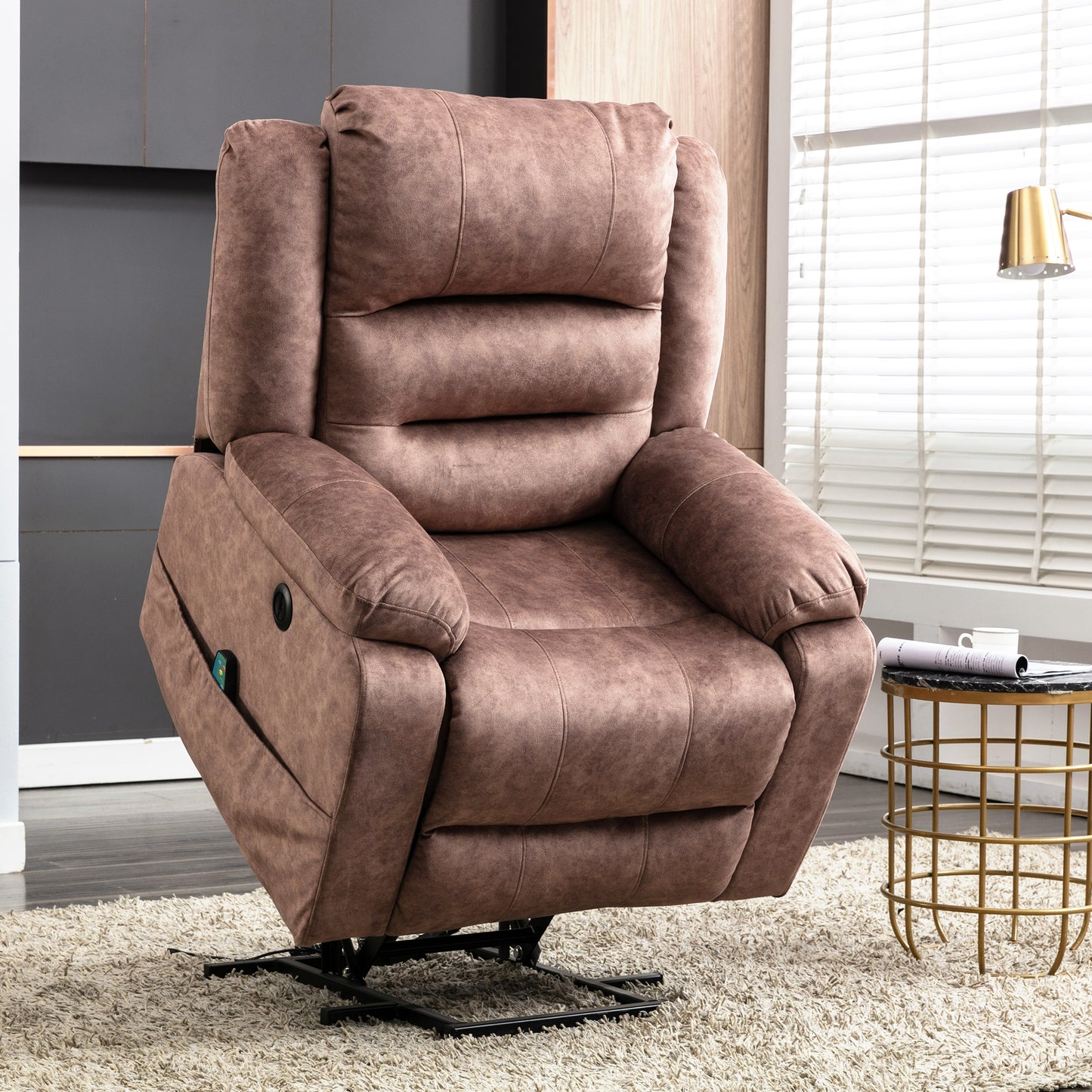 Electric Power Lift Recliner Chair Sofa with Massage and Heat for Elderly 2 Side Pockets USB Ports Single Recliner Chairs for Living Room Overstuffed Breathable Fabric Reclining