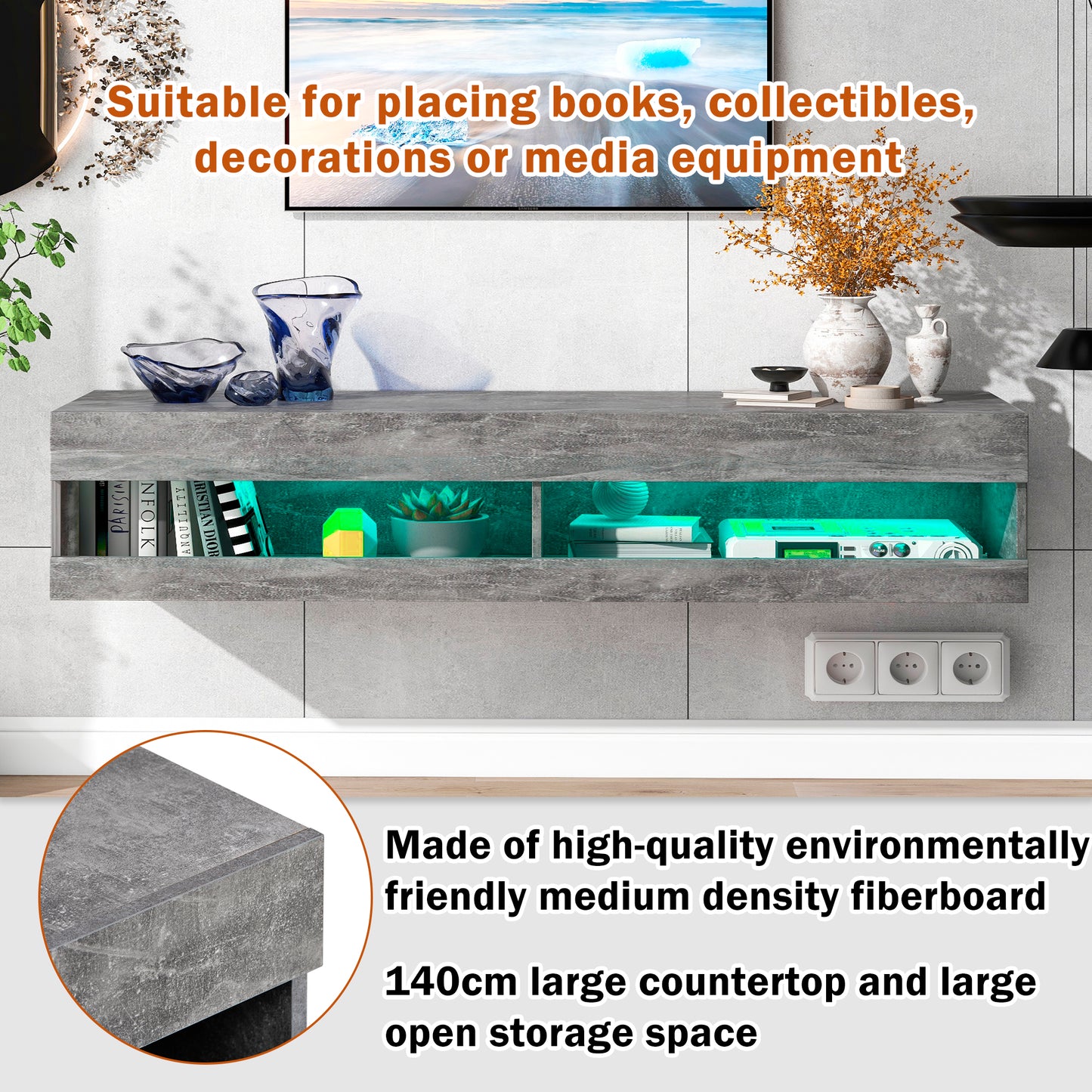 TV Stand with LED Lights, Floating Entertainment Center Media Console, Wall Mounted High Gloss Modern Storage Shelf