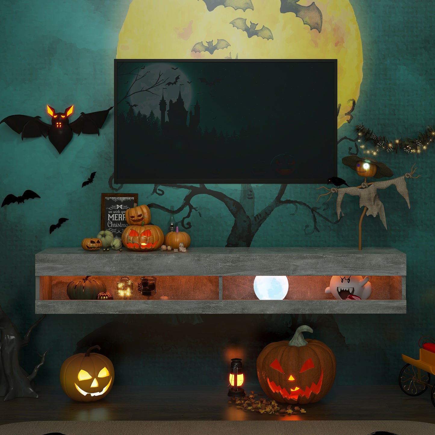 TV Stand with LED Lights, Floating Entertainment Center Media Console, Wall Mounted High Gloss Modern Storage Shelf