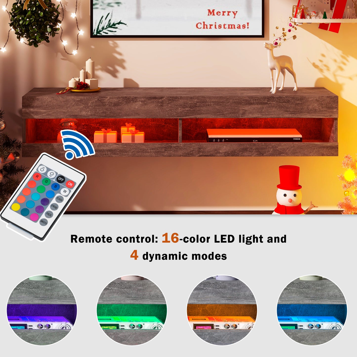 TV Stand with LED Lights, Floating Entertainment Center Media Console, Wall Mounted High Gloss Modern Storage Shelf