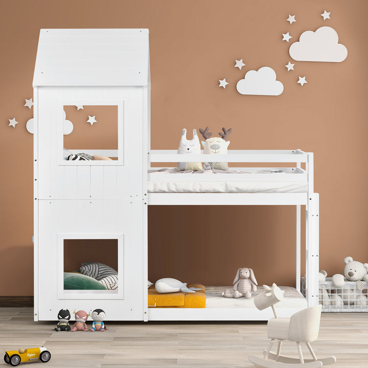 3FT Treehouse Bunk bed, Cabin Bed Frame, Mid-Sleeper with Treehouse Canopy & Ladder (white)