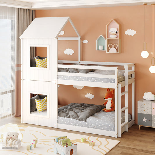 3FT Treehouse Bunk bed, Cabin Bed Frame, Mid-Sleeper with Treehouse Canopy & Ladder (white)
