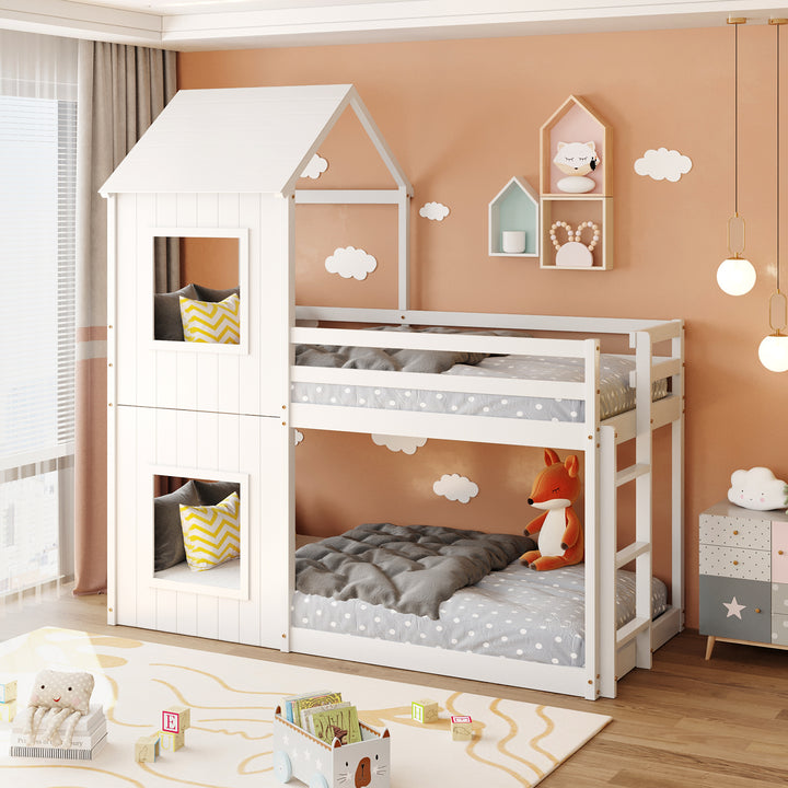 3FT Treehouse Bunk bed, Cabin Bed Frame, Mid-Sleeper with Treehouse Canopy & Ladder (white)