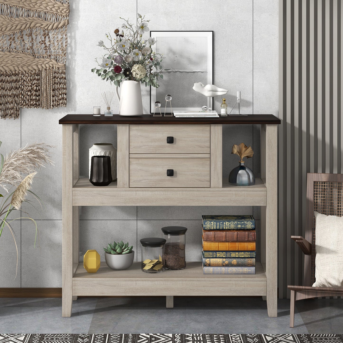 2 drawers Sideboard, Kitchen Buffet, Cupboard Storage Cabinet, natural, 106*40*90 cm