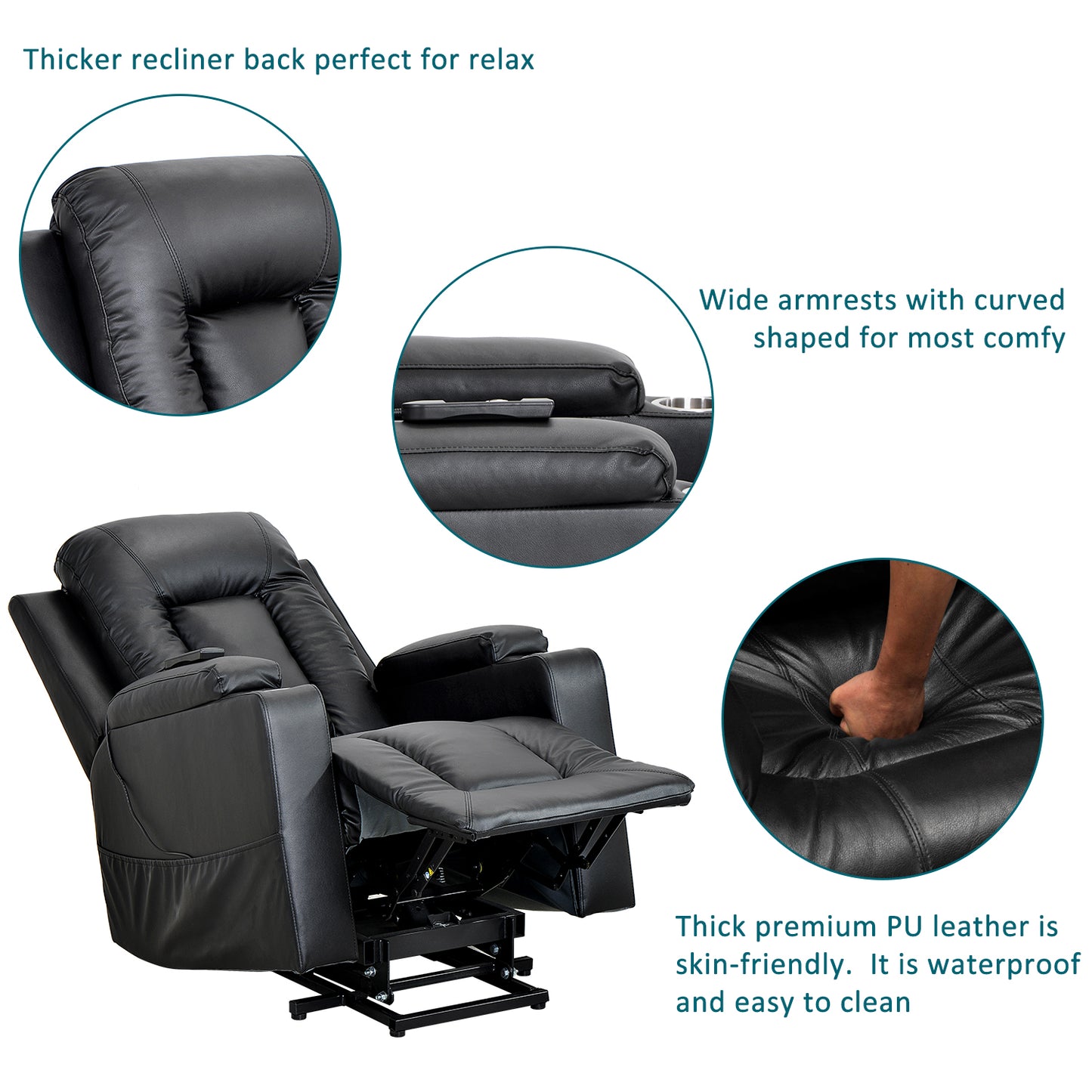Electric Power Lift Recliner Chair Sofa for Elderly, 3 Positions, Side Pockets and 2 Cup Holders, Remote control, Faux Leather