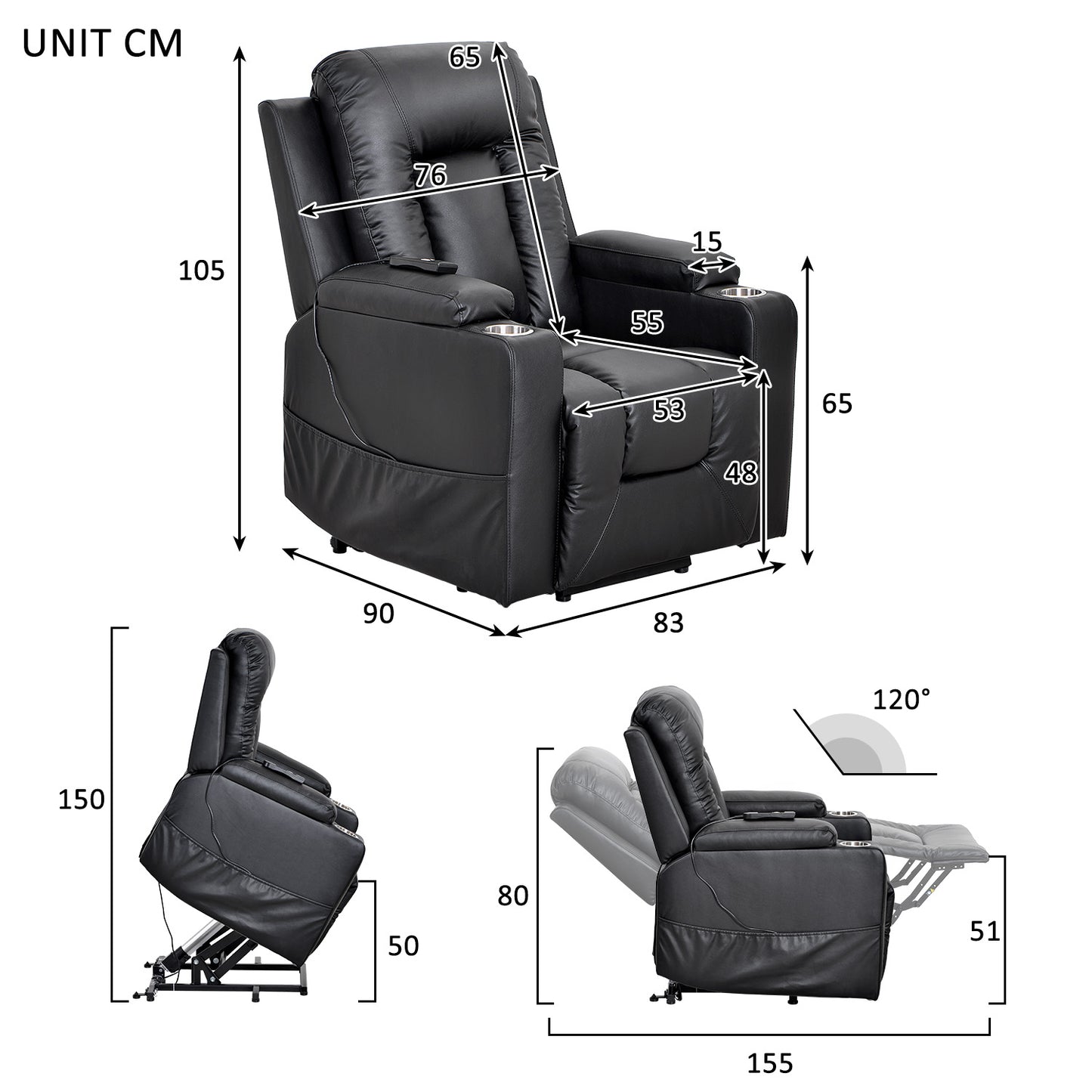 Electric Power Lift Recliner Chair Sofa for Elderly, 3 Positions, Side Pockets and 2 Cup Holders, Remote control, Faux Leather