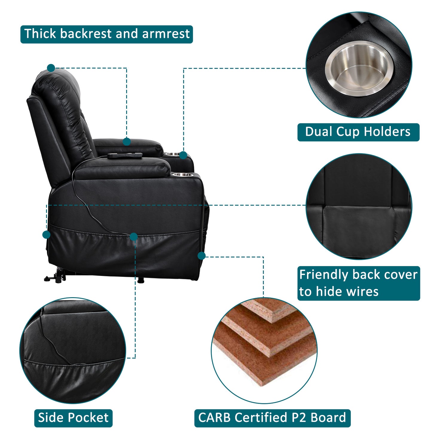 Electric Power Lift Recliner Chair Sofa for Elderly, 3 Positions, Side Pockets and 2 Cup Holders, Remote control, Faux Leather